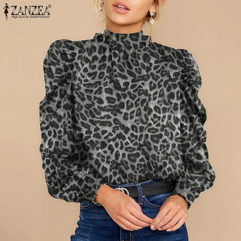 

ZANZEA Autumn Women Full Sleeve Blouse O-Neck Leopard Printed Tie At Neckline Chemise Elegant Casual Loose Holiday Retro Tops