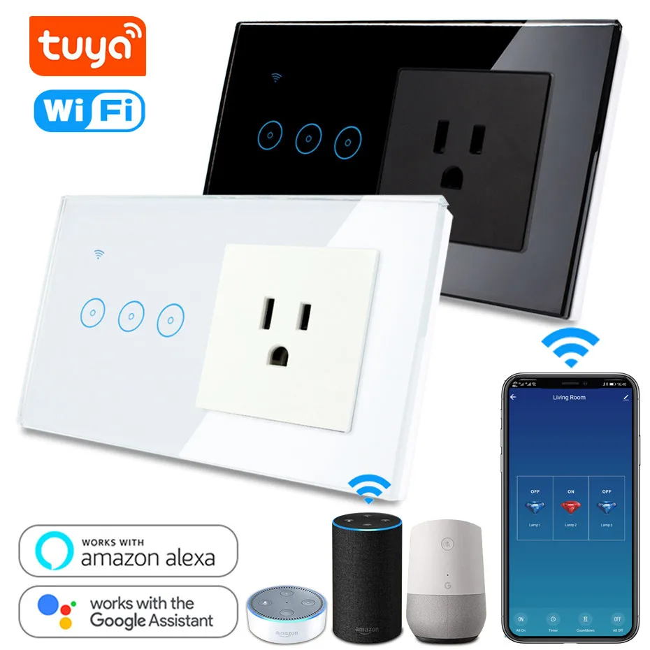 Tuya 16A Смарт розетки комбо умный WiFi светильник переключатель приложение Smart Life