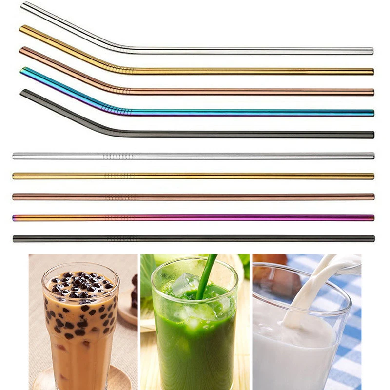 

16pcs Reusable Straws Straight Bent Drinking Straw 304 Stainless Steel With Drink Case Cleaning Brush Set Party Bar Accessory