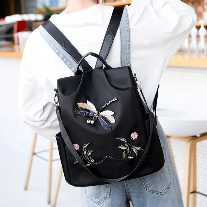 

3D Embroidery Dragonfly Chinese Style Backpack Outdoor Large-Capacity Travel Bag Daypack Convertible Shoulder Bag Handbag