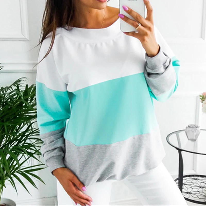 

Autumn Women Long Sleeve O-neck Contrast Patchwork Sweatershirt Casual Female Fashion Wild Pullovers