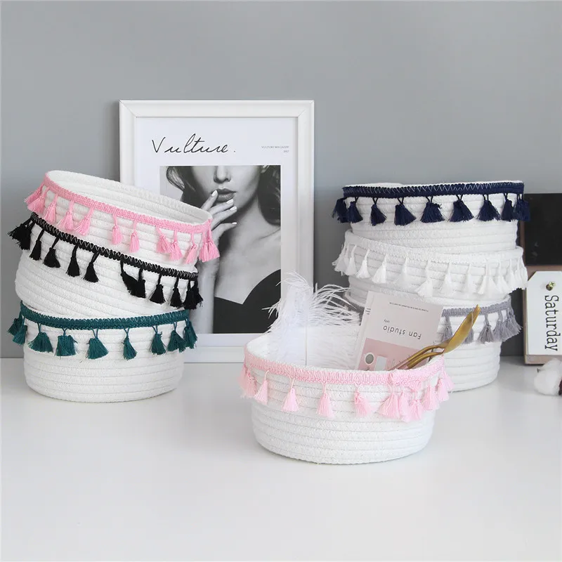 Хлопковые корзины для хранения веревки с кисточкой ручной работы Тканые стирки