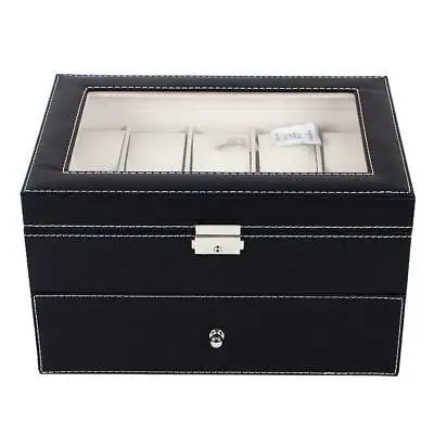 

20 Slot Watch Box Leather Display Case Organizer Top Glass Jewelry Storage Black