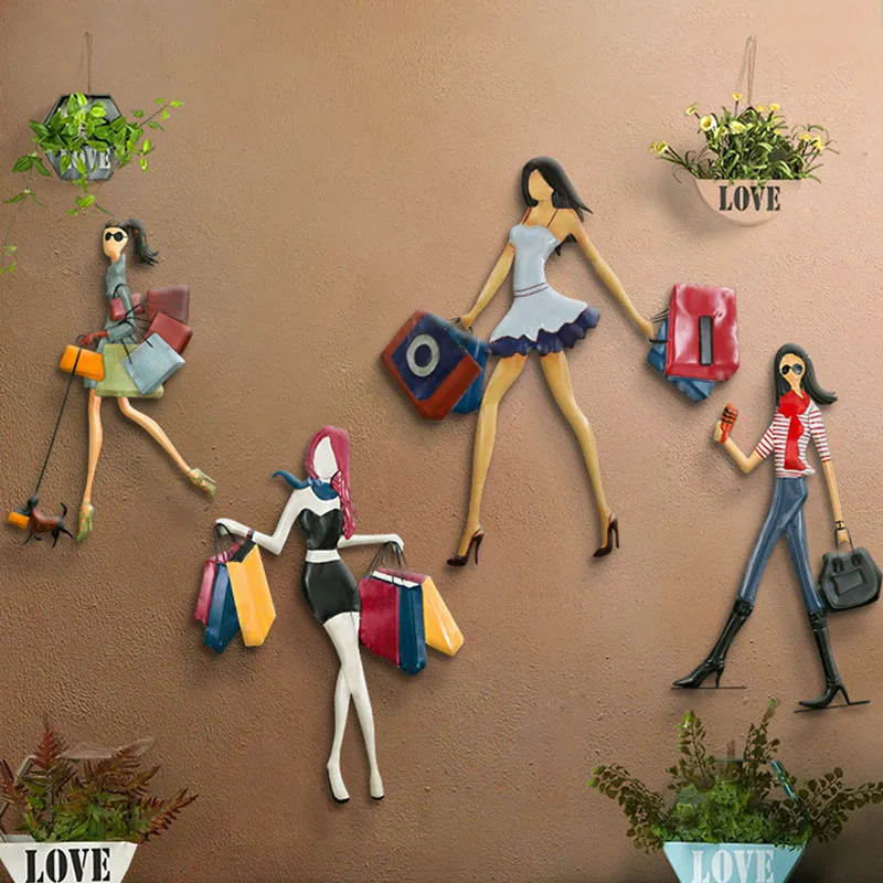 

Retro Wrought Iron Girl Mural Wall Hanging Figurines Creative Home Wall Decoration Crafts Room Decoration Furnishings Artware
