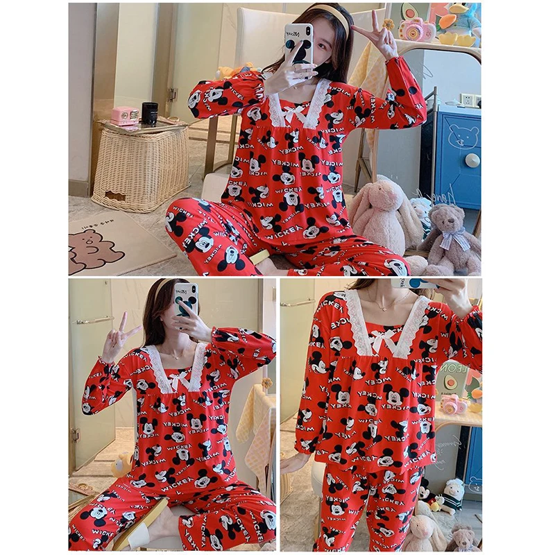 

Disney Spring and Autumn Cartoon Mickey Minnie Pajamas Women Long Sleeve Princess Lace Pajamas Loose Home Service Set