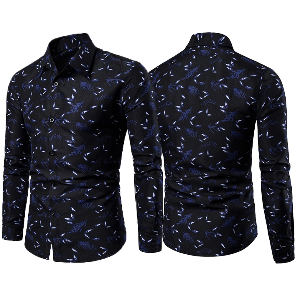 Luxury Men Shirts Turn Down Collar Long Sleeve Leaf Print Slim Single Breasted Shirt Male Social Business Dress Shirts Tops