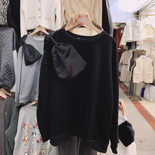 

На подкладке из флиса с капюшоном для женщин осень-зима новые костюмы для отдыха с украшением «бант» на плече пуловеры женские свободные вс...