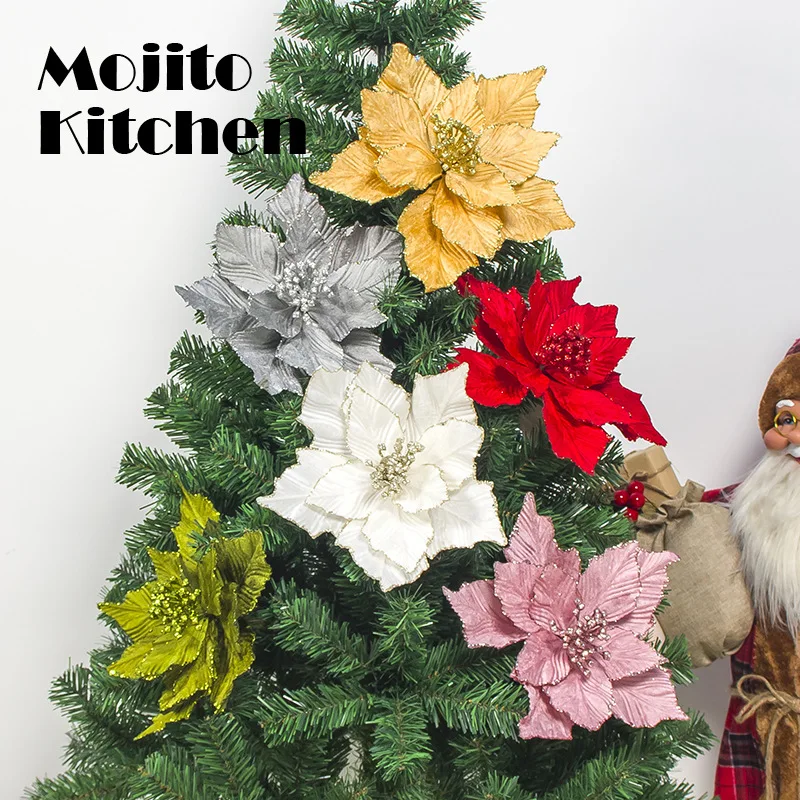 

10pcs Christmas Flower Simulation Gold Powder Xmas Tree Decoration Golden (silvery white or silvery)