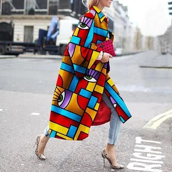 

2020 station women's fashion geometric color loose long coat windbreaker women
