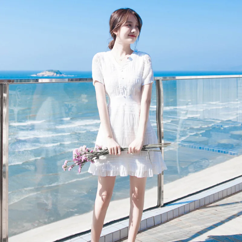 New Summer Dresses for Women's Seaside Resort High-waisted Chiffon Dresses for Women's Little White Dresses