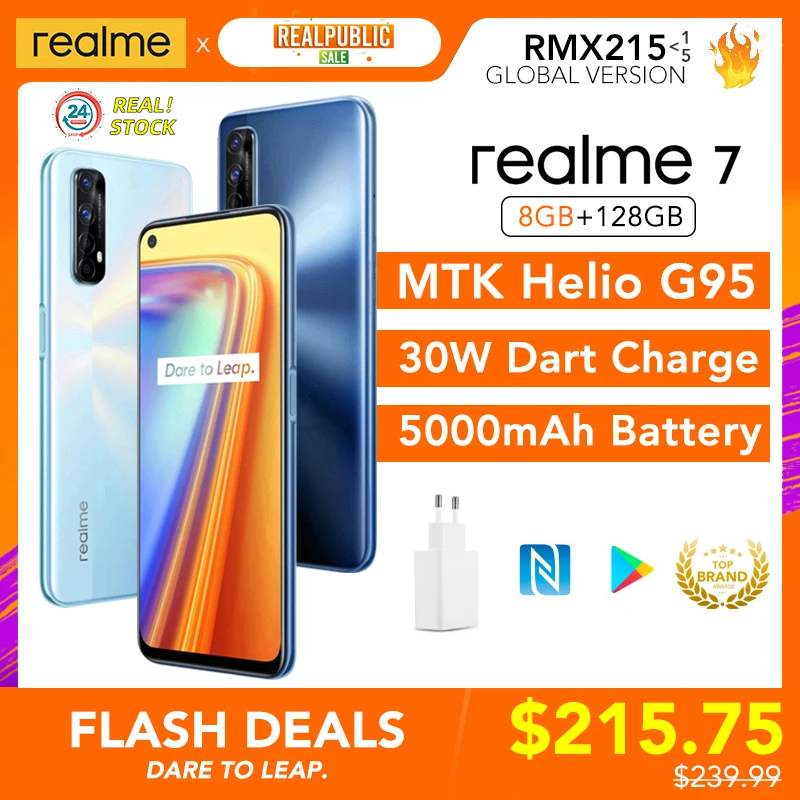 Realme 7 8 ГБ ОЗУ 128 Гб ПЗУ глобальная Версия 30 Вт Дротика зарядка 48MP Quad Camera 90 Гц дисплей Helio G95 игровой процессор 5000