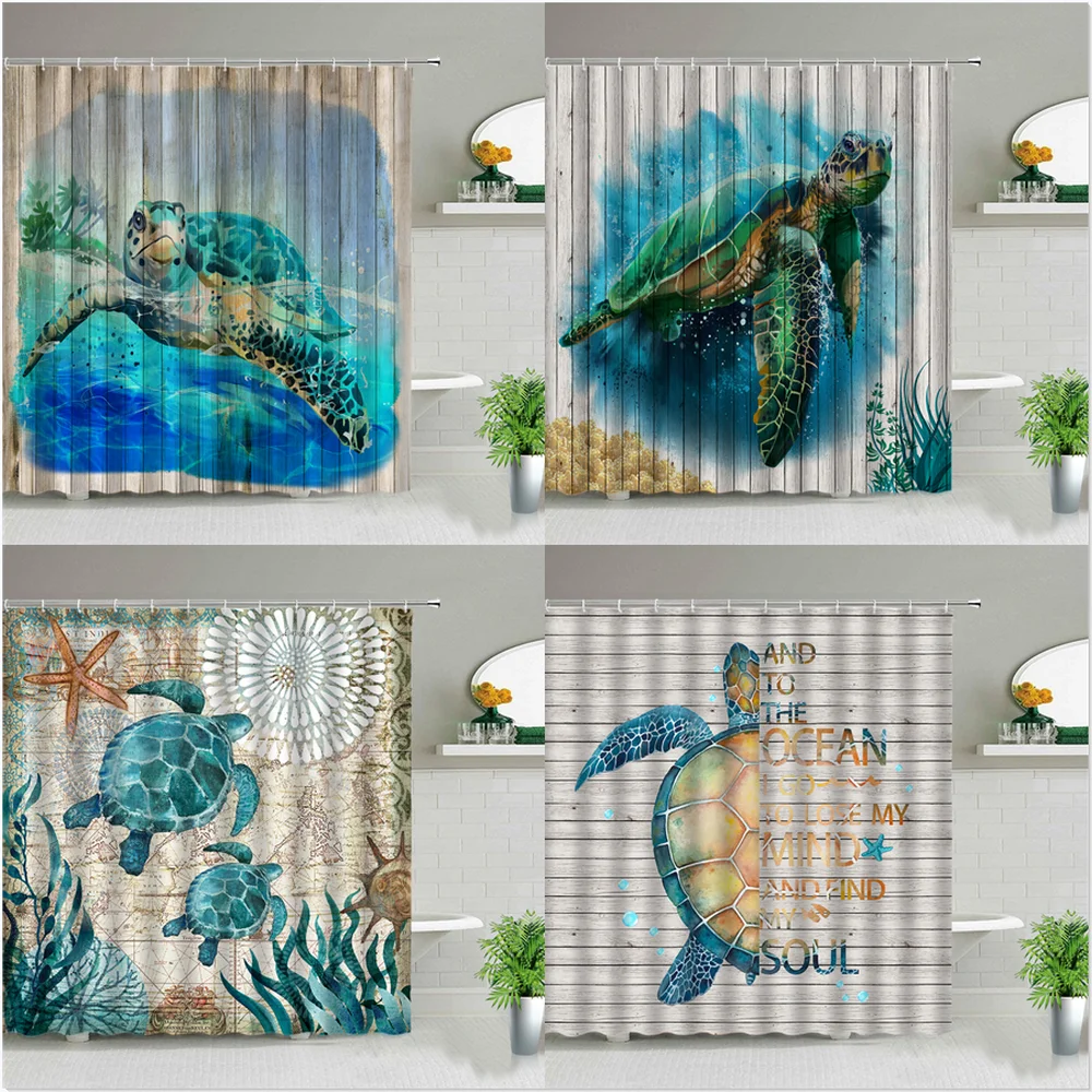 

Cartoon Ocean Animal Shower Curtain Sea Turtle Dolphin Print Bathroom Cloth Curtains Set Waterproof Home Bathtub Decor With Hook