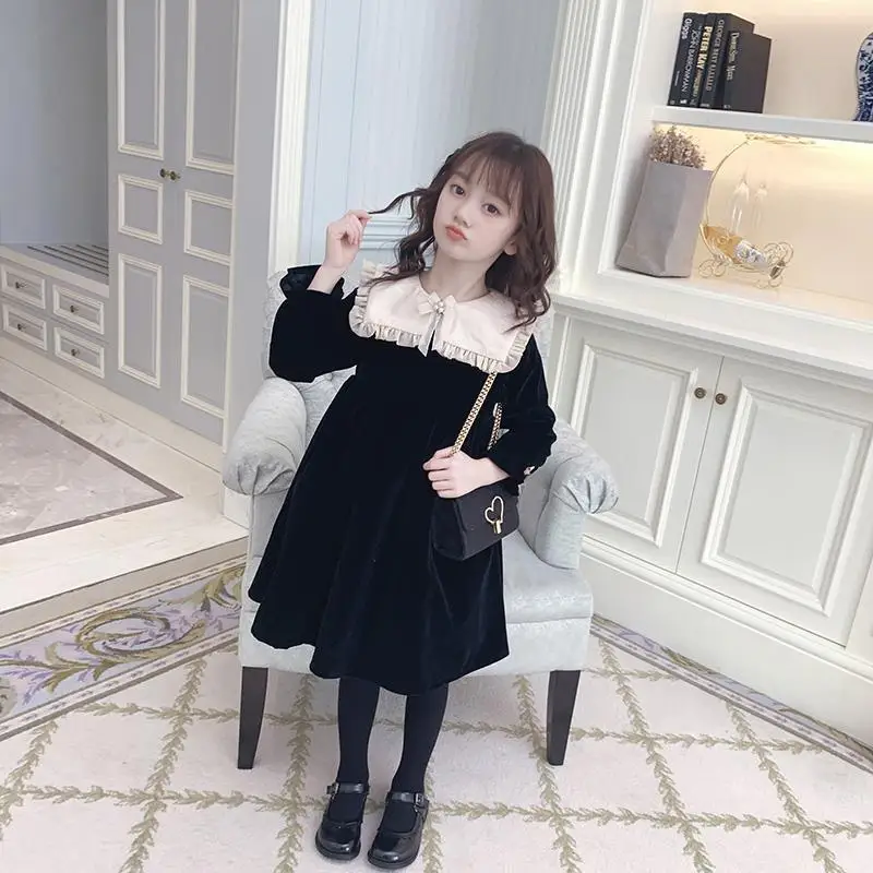 Ropa de oto&ntilde;o e invierno para ni&ntilde;as, ropa de terciopelo de estilo occidental, vestido de princesa forrado con forro polar, novedad-2