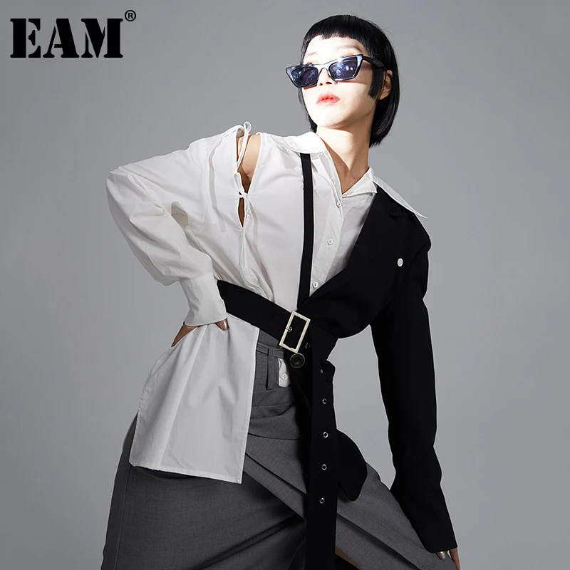

[EAM] Женская белая блузка с асимметричным соединением, новая свободная рубашка с отворотом и длинным рукавом, модная весенне-осенняя 2022 1DD5636