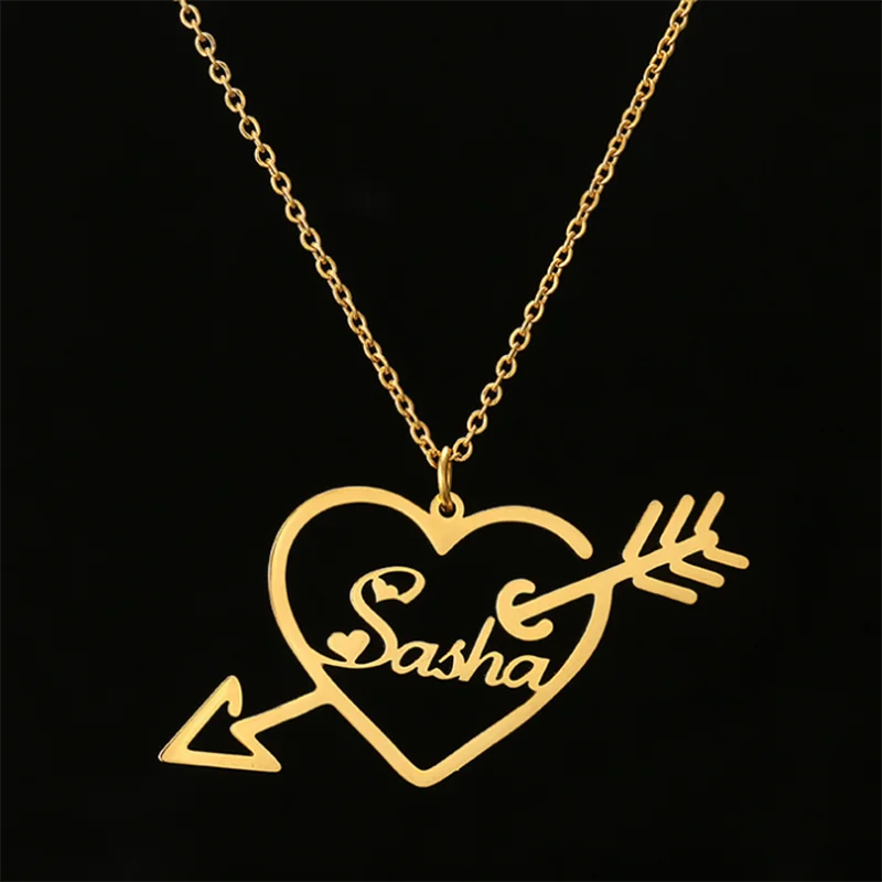 

2021 Fashion Gold Arrow Heart Pendent Custom An Arrow Through Heart Name Necklace For Women Girl Valentine 'S Gift