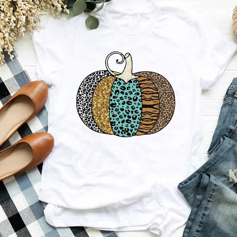 Женская милая леопардовая Футболка с принтом тыквы Хэллоуин День благодарения