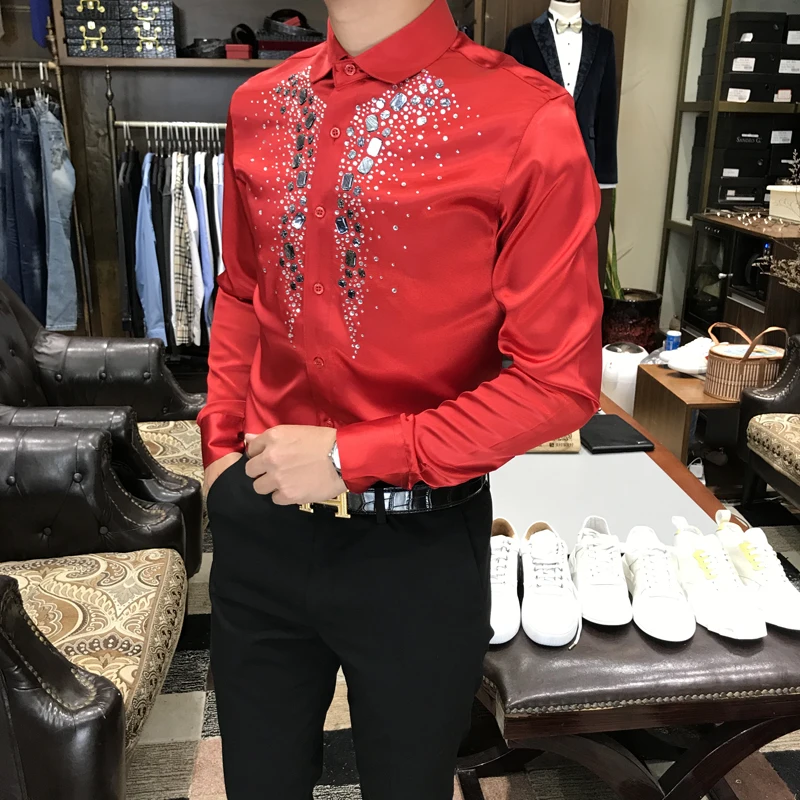 2020 New Brand Fashion Casual Men Shirts Business Slim Fit Red diamond sequins Auger Social Shirt Male Singer Stage Mens Shirt