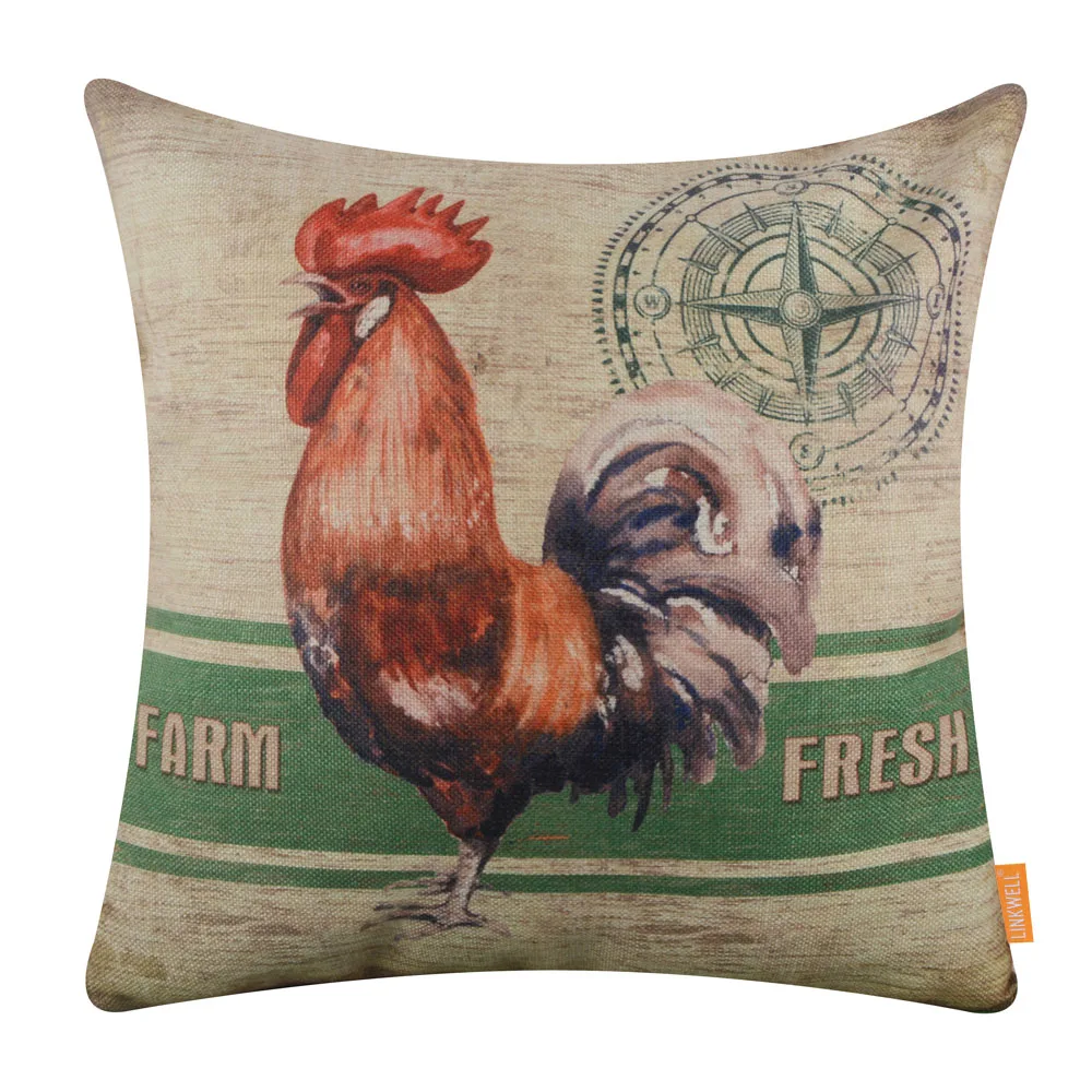 

LINKWELL 18"x18" Farmhouse Green Rooster Farm Animal Pillow Case Country Living Room Decorative Cushion Cover Car Sofa Decor