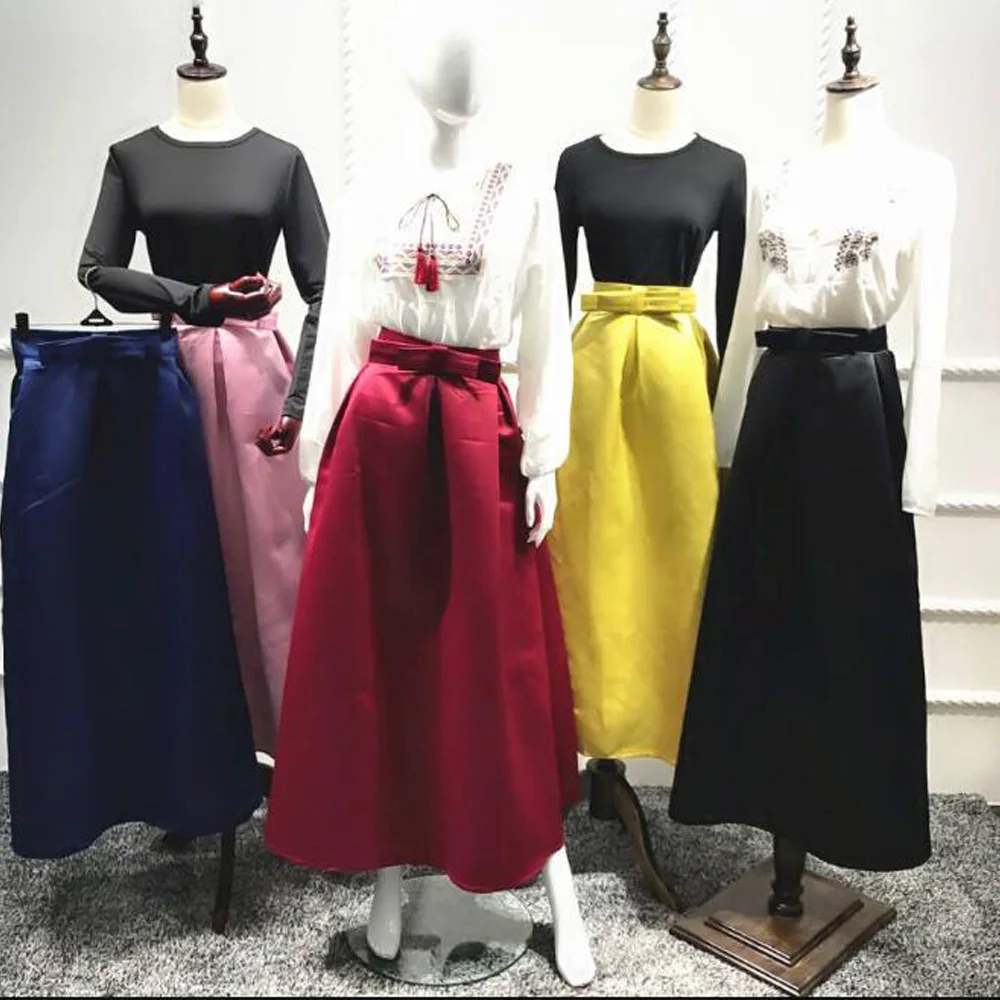 

Abaya Pleated Maxi Long Skirt High Waist Bowknot Autumn Muslim Turkish Dubai Islamic Women Skirt Musulman Floor Length Skirts