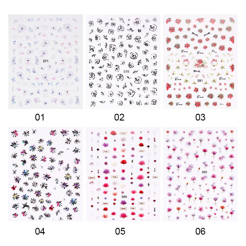 3D растения цветок цветные наклейки для ногтей красивые смешанные узоры