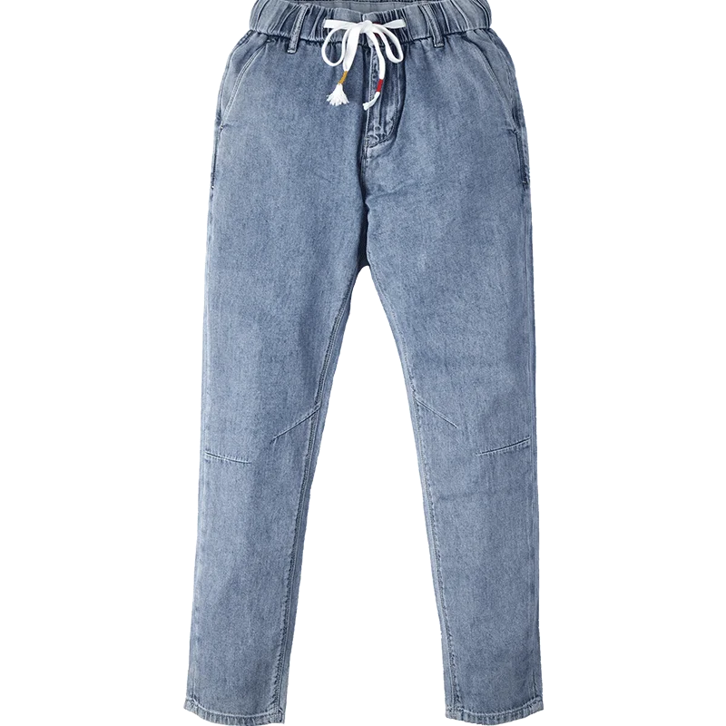 

KUEGOU 100% Cotton Autumn Spring Tapered jeans Men Pants Light Blue Denim Trousers Elastic Waist Drawstring Plus Size KK-2999