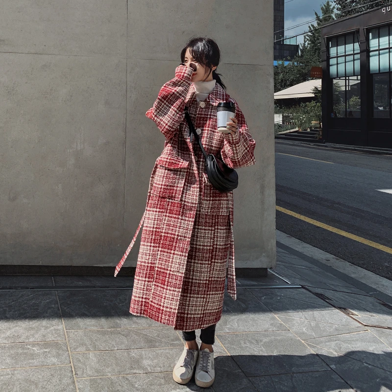 Модное красное шерстяное пальто с узором гусиная лапка для женщин осенне зимнее