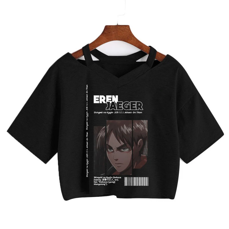 Футболка женская с японским героем атаки на титанов кроп-топ в стиле панк