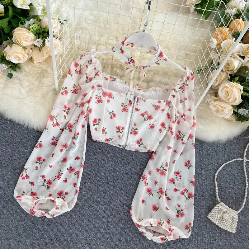 Женская винтажная блузка с длинным рукавом цветочным принтом|Блузки| |