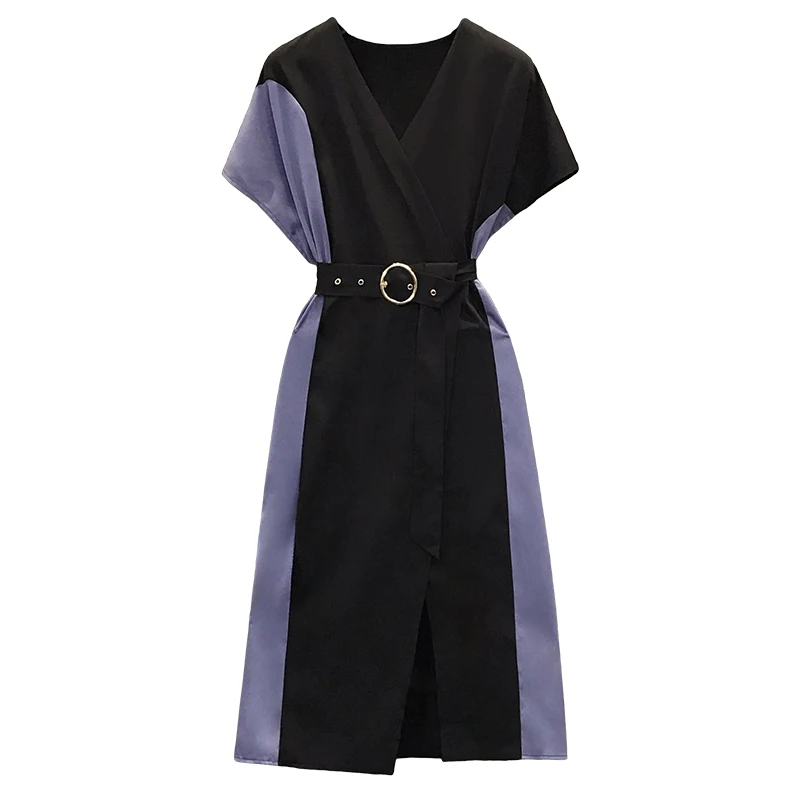 

2021 New Hit Summer Light Fashionable OL Elegant Patchwork Dress For Women Short Sleeves V-Neck Slit Dress With Sashes