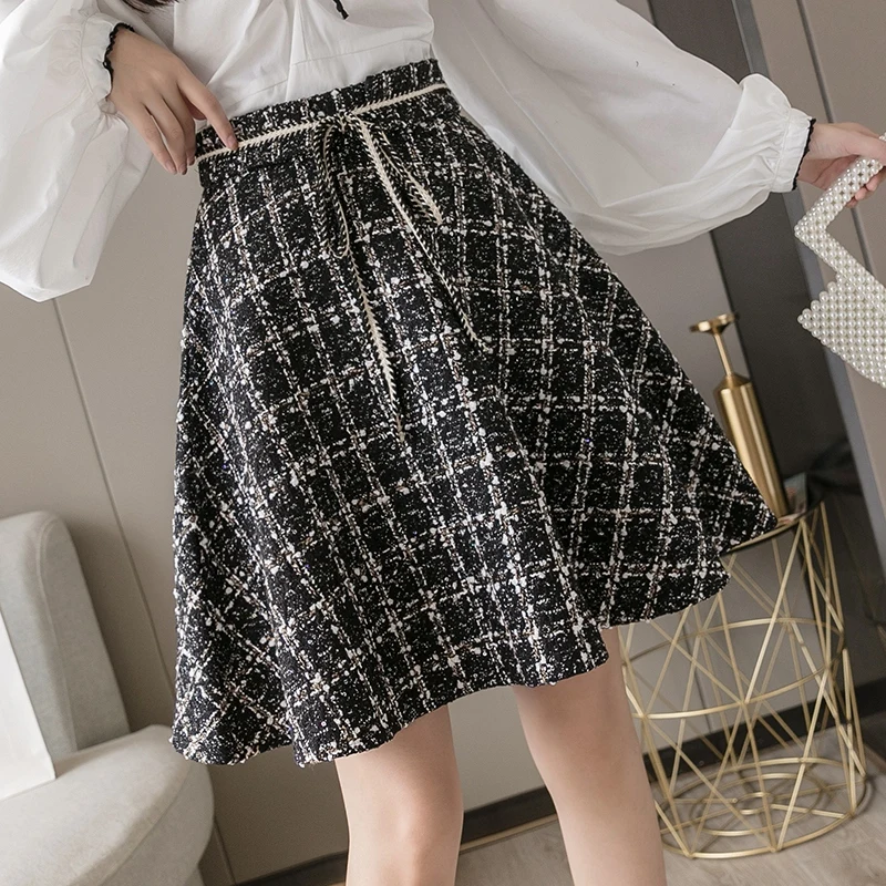 

Autumn Winter A-line Plaid Tweed Skirt Women Woolen Mini Skirts Ball Gown Bow Lace Up Short Skirt Zipper Elegant Ladies New