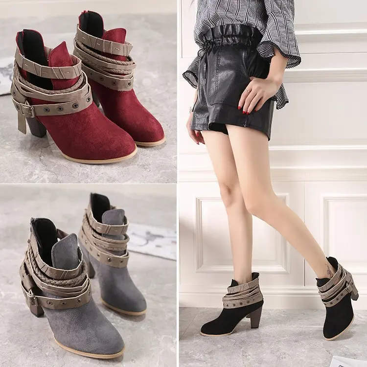 

White Ankle Boots Shoes Boots-Women Round Toe Low Large Size Leather 2021 Rubber High Heel Ladies Lace-Up Flock Cotton Fabric S