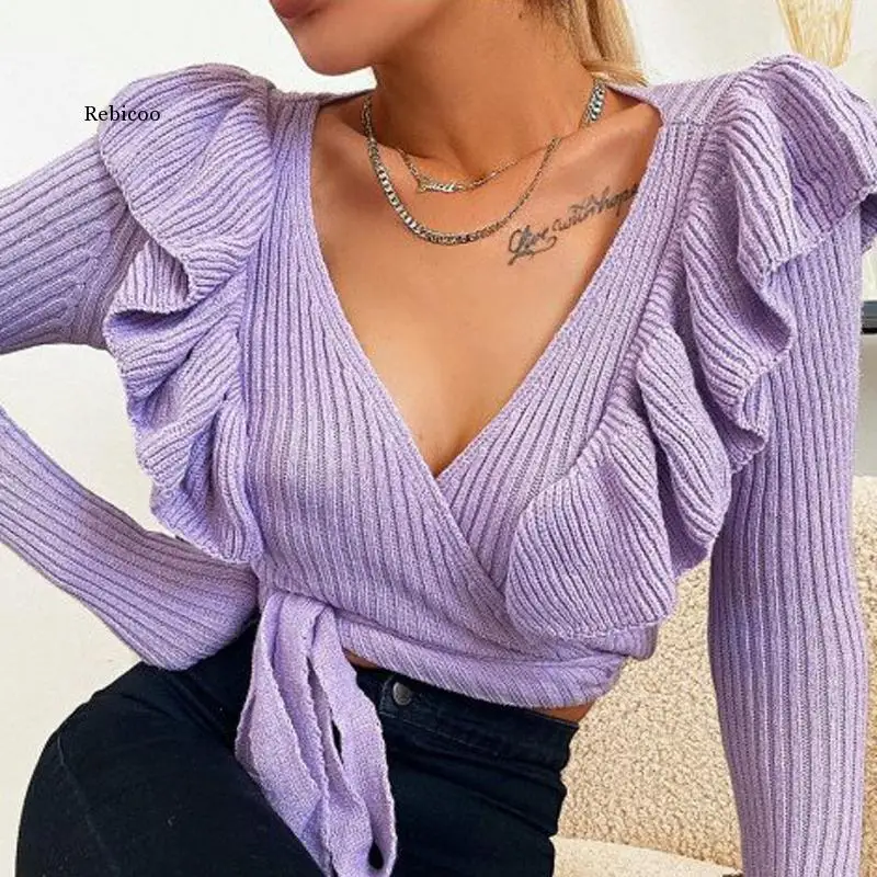 

korean Autumn Winter Vintage Sweaters women 2020 Slim Knit Sweater Long-Sleeved Ruffles Sexy V-neck Women's Sweater Pullovers