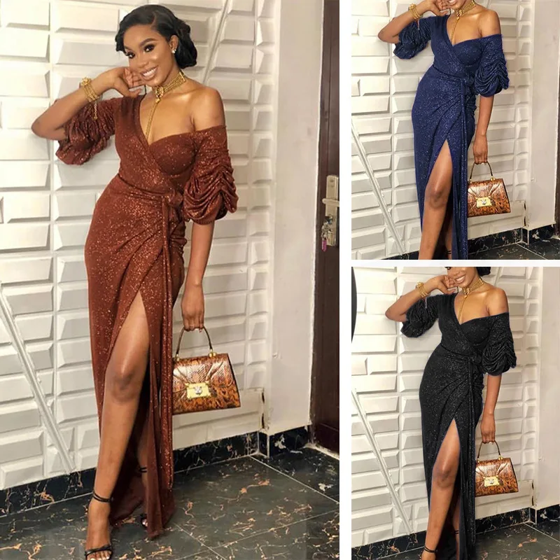 

Elegant Dresses New Sexy Fashion Women Summer Slash Neck Puff Sleeve V- Neck Sequin Split Dress Sexy Long Dresses Women JS0461