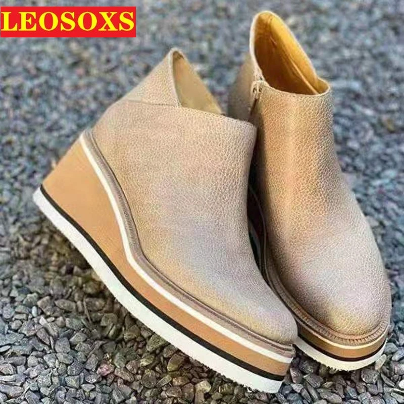 

Fall 2021 New Tall Ankle Boots Large Size 43 Side Zipper Casual Slop Shoes Women's Platform Shallow Mouth Martin Boots Nude