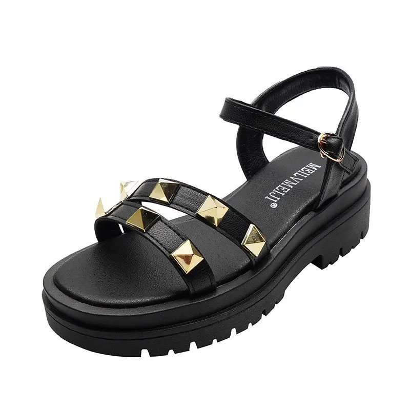 

2021 Sandals Female Shoe Clogs With Heel New Girls Fashion Studded Thick Flat Clear Gladiator Comfort Beige Summer Low Fabric Ro