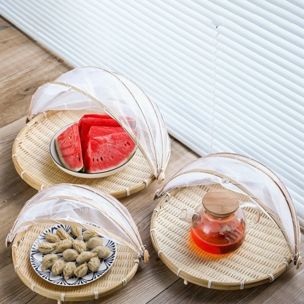 

Hand-Woven Food Serving Tent Basket Tray Fruit Vegetable Bread Storage Basket Simple Atmosphere Outdoor Picnic Mesh Net Cover