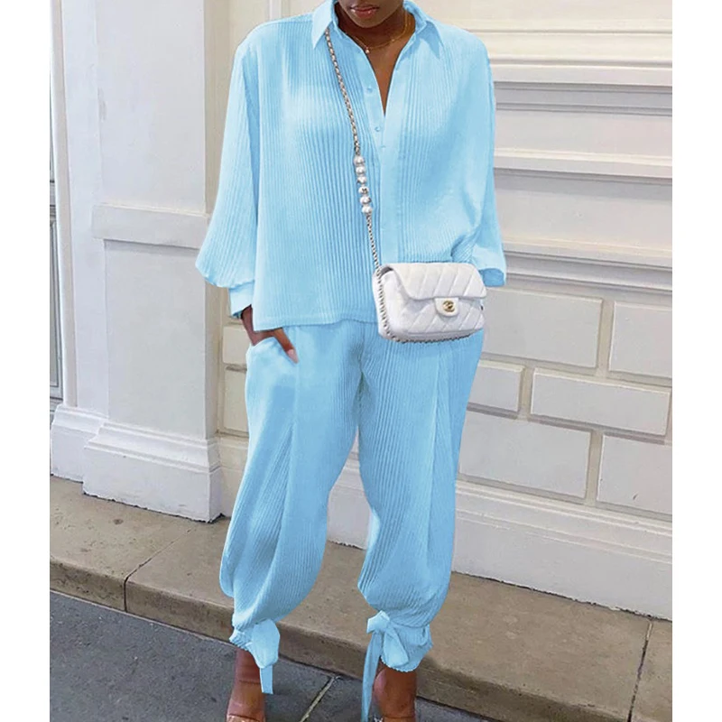 

2021 Spring Women's Tying Feet Trousers + Polo Top With Buttons V-neck Temperament Commuter Ladies Pleated Suit Fashion Clothing