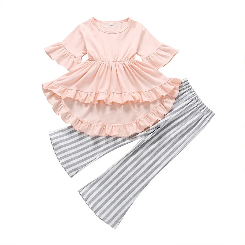 

2019 Girls Clothes Suit Short-sleeved Cotton Shirt Striped Pants 2 Piece Suit Swallowtail T-Shirt Leggings Set Kids Clothing Set