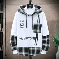 mens autumn hip hop casual cotton plaid hoodies fake two pieces pullover korean harajuku sweatshirts streetwear tops for youth