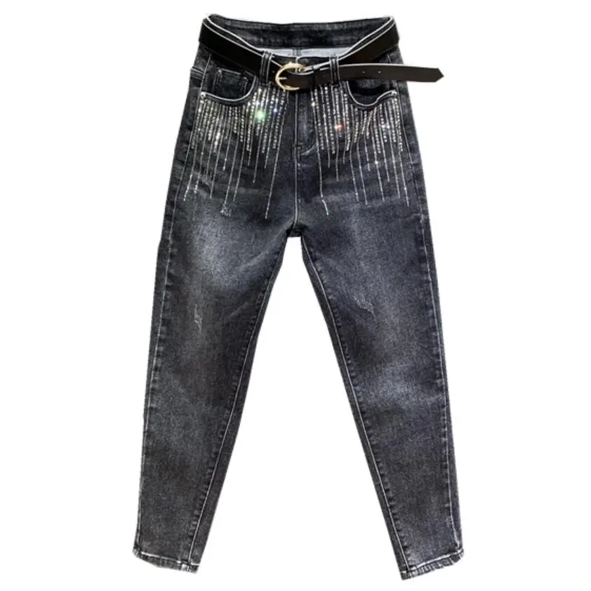 

Модные черные и серые джинсы со стразами, женские осенние свободные шаровары с высокой талией, модель 26-31, 2021