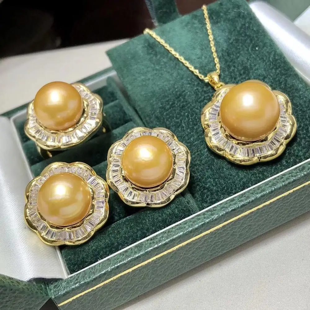 Женский жемчужный комплект D510 набор ювелирных украшений из золотистого жемчуга
