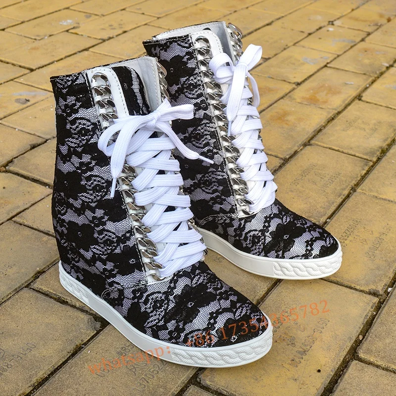 

Black Lace 8cm Wedges Lace Up Causal Shoes Luxury Design Round Toe Back Zipper Ankle Boots Women Cow Suede High Top Shoes 2022