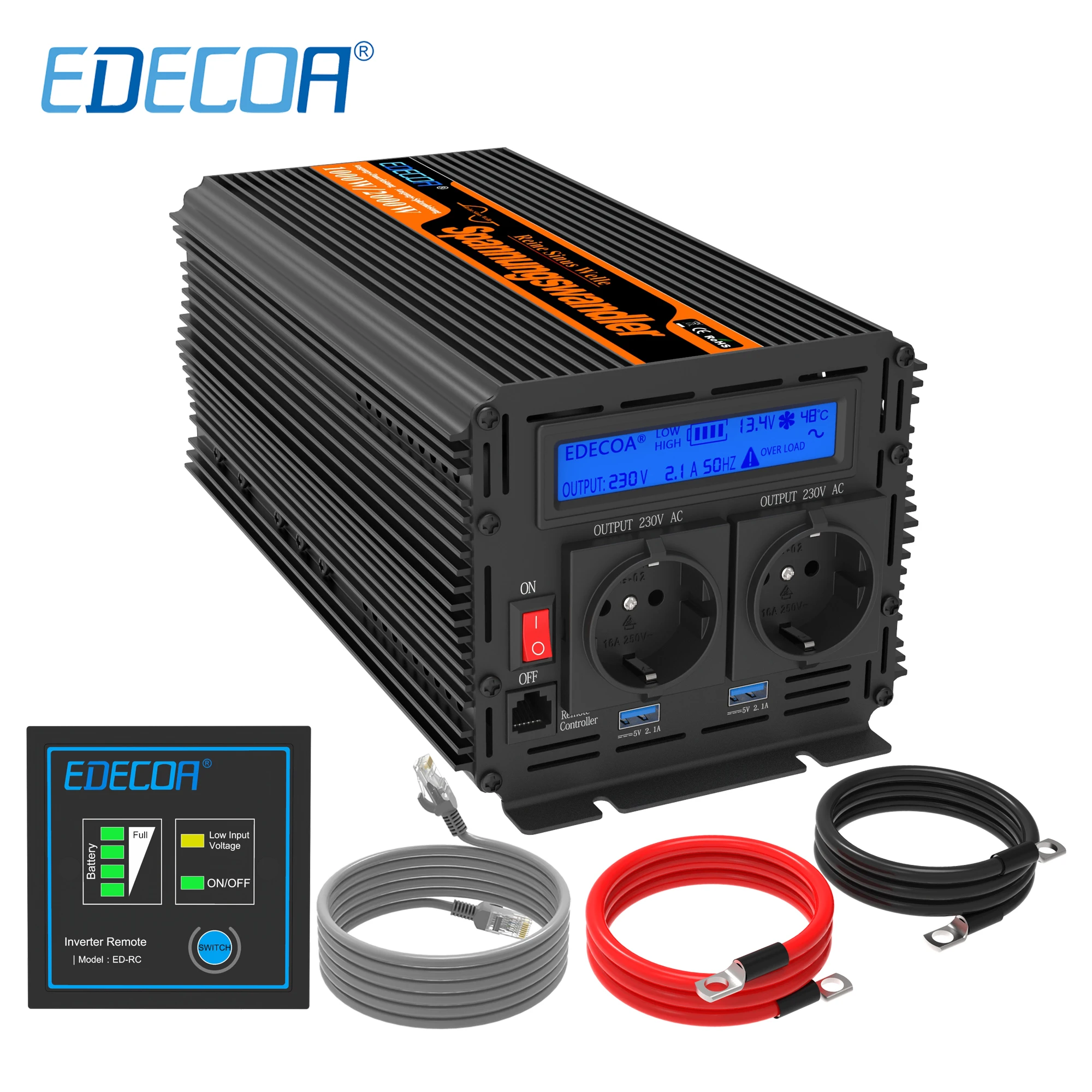 

EDECOA power inverter DC 12V to AC 220V 230V 1000W off grid pure sine wave with remote control LCD display for motorhome caravan