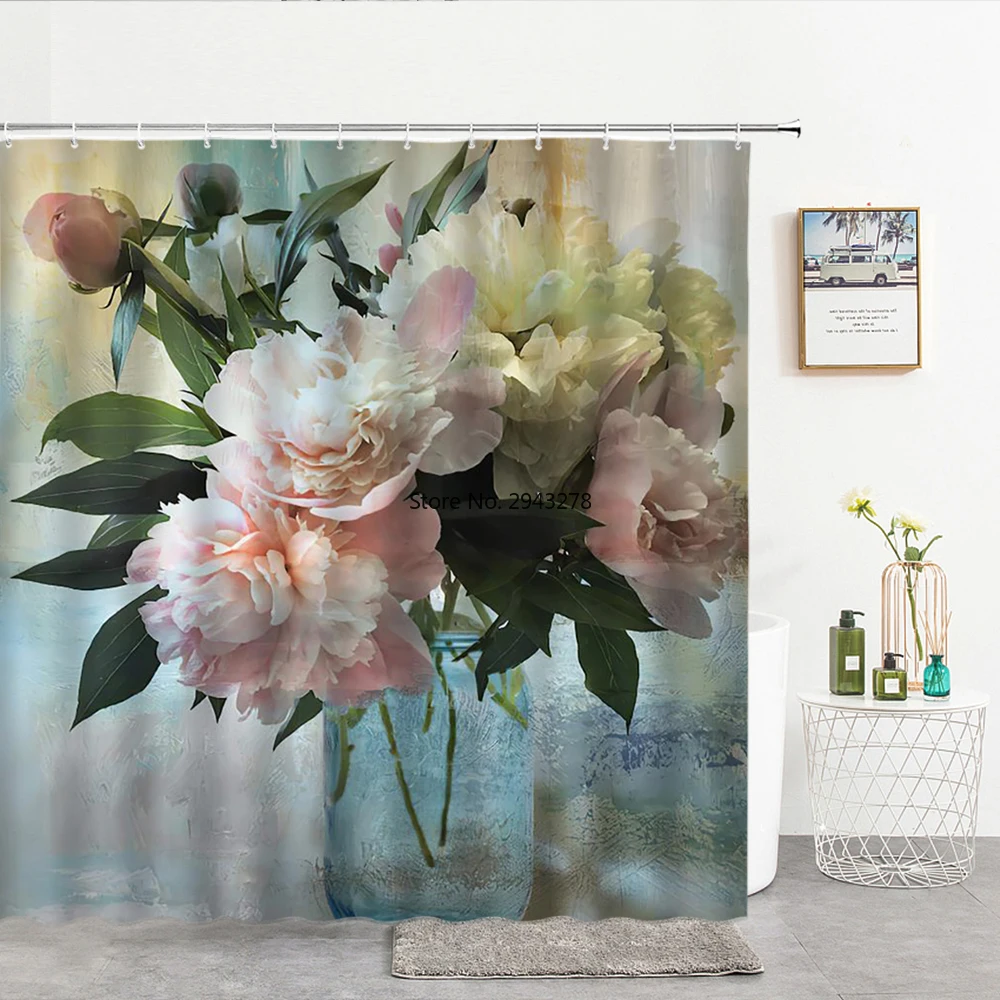 

Blooming Flowers Pattern Shower Curtains Bathroom Curtains Frabic Waterproof Oil Painting Bath Curtain with Hooks Shower Curtain