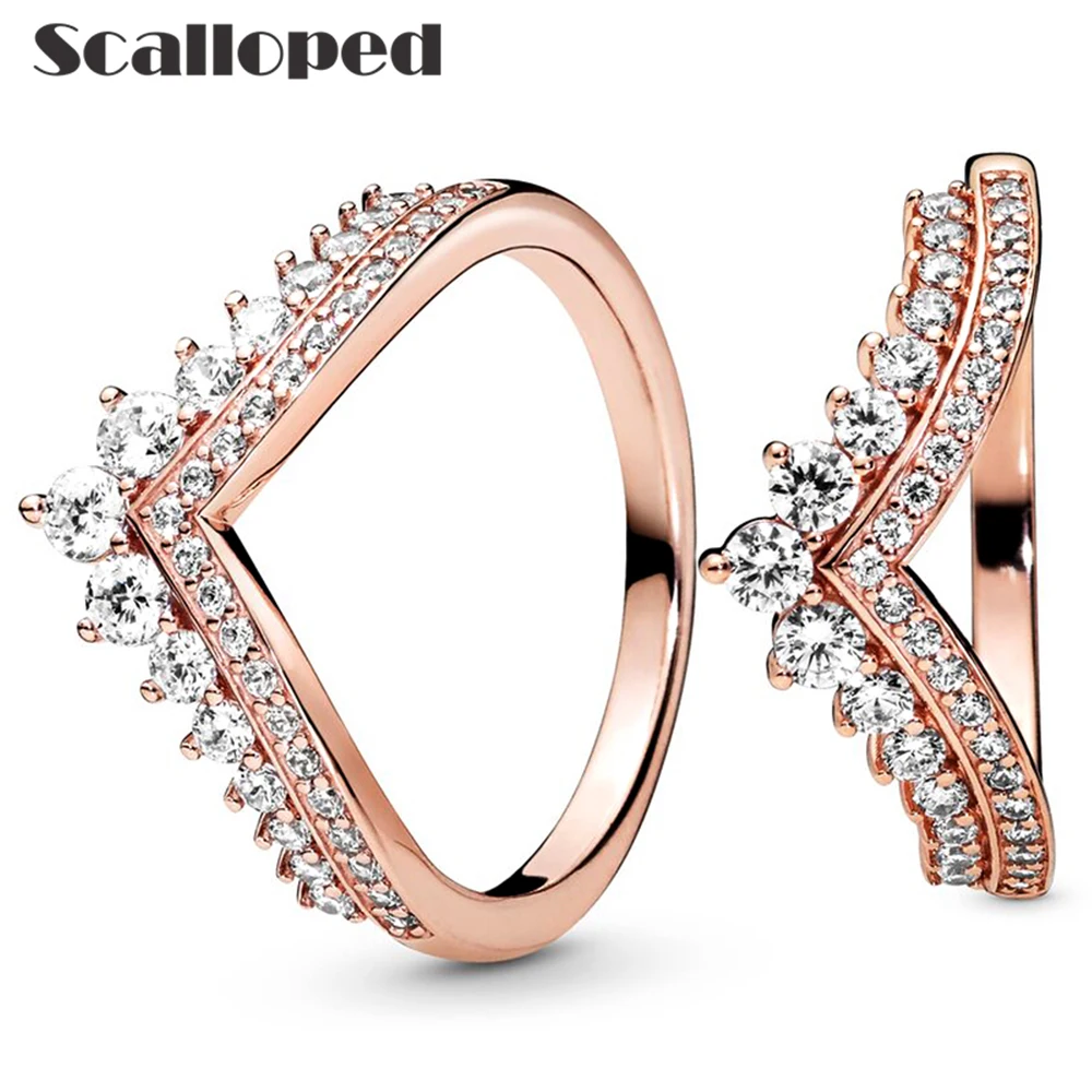 

SCALLOPED Rose Gold Clear Cubic Zircon Crown Rings 2021 New Classic Stackable Wedding Party Women Jewelry Anniversary Gift