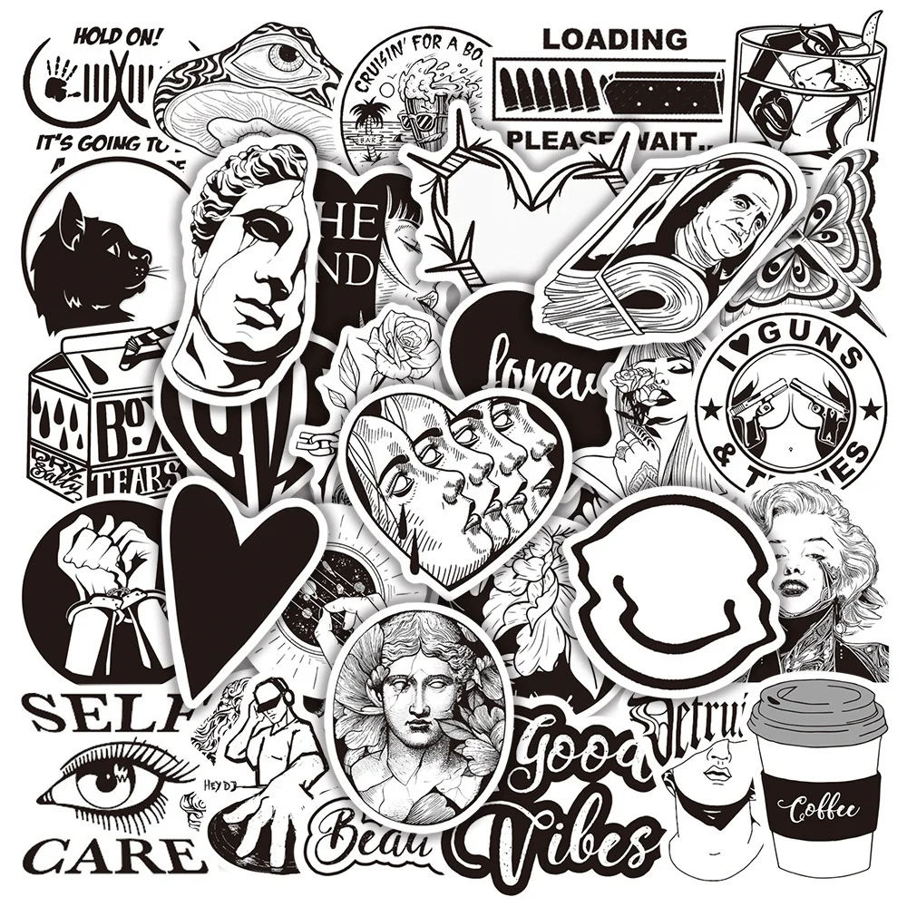 

10/25/50Pcs Black and White Ins Wind Art Plaster Head Graffiti Stickers Luggage Laptop Water Cup Waterproof Stickers Wholesale