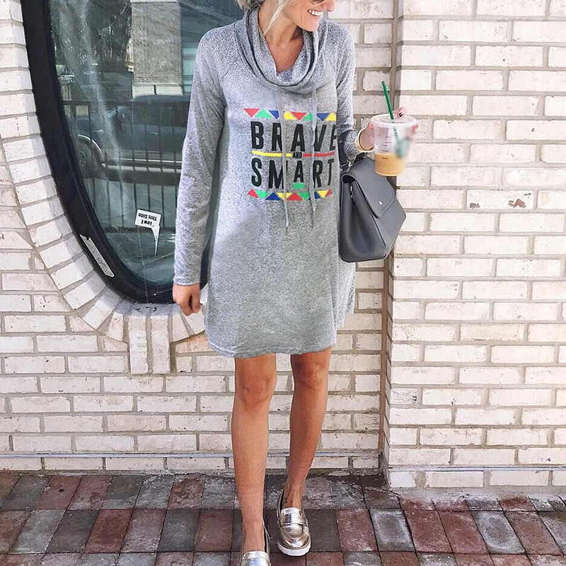 

Explosive Style Dress Alphabet Half-High Collar Loose Long-Sleeved Dress Autumn Women'S Clothing European And American