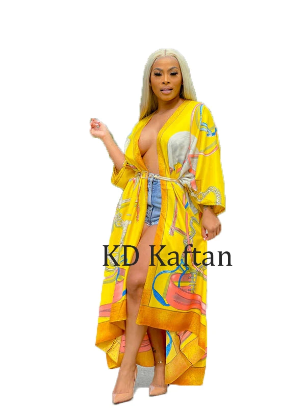 

KD Popular Middle East Comfortable Silk Printed Outfit Kaftan Clothes Swimwear For Women Kuwait Open front Kaftan Boubou kimono