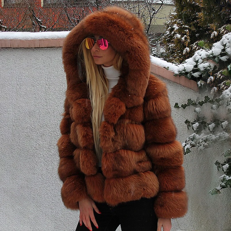 Natural Strip Sewed Fox Fur Coats Women Winter Thicken Luxury Outertwear 2022 New Hooded Warm Real Fox Fur Jackets Female enlarge