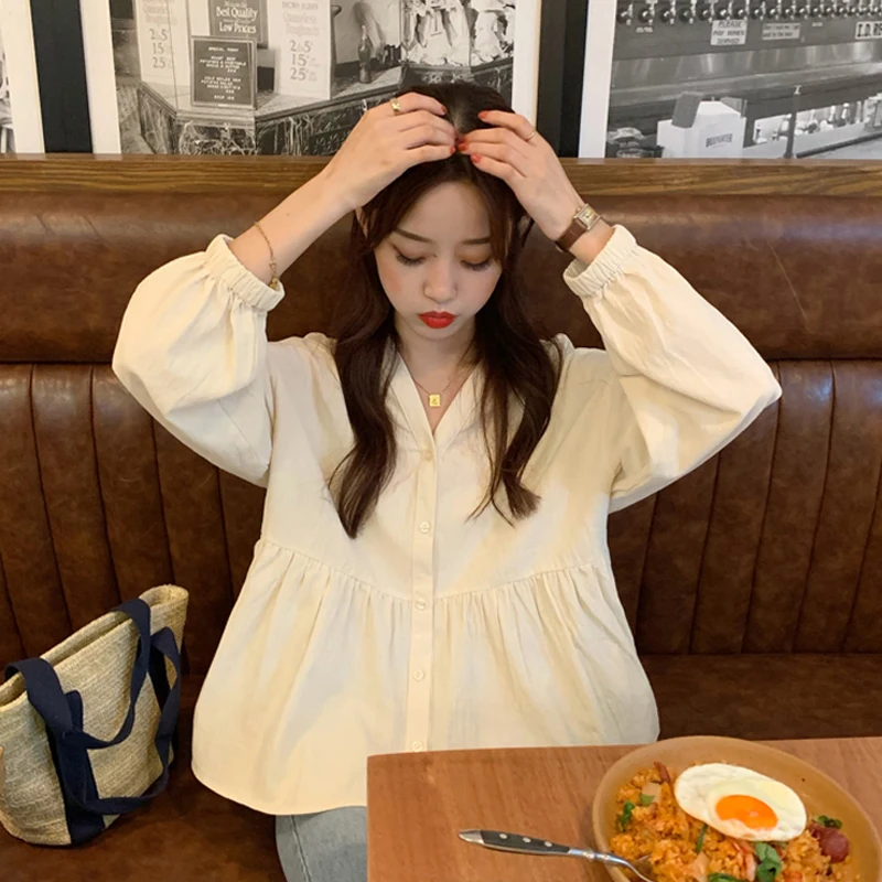 

Vintage Harbour Wind New Beach Style T-Shirts Women's V-neck White Long Sleeves Shirt Ins All-match Sweet Gentle Style Tees Top